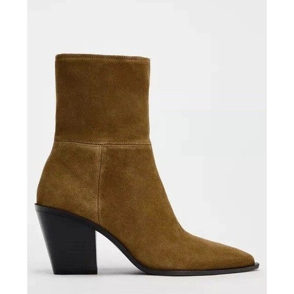 Zara Brown Split Suede Leather Cowboy Ankle Boots Pointed Toe Women US 8 EUR 39 - Picture 1 of 15